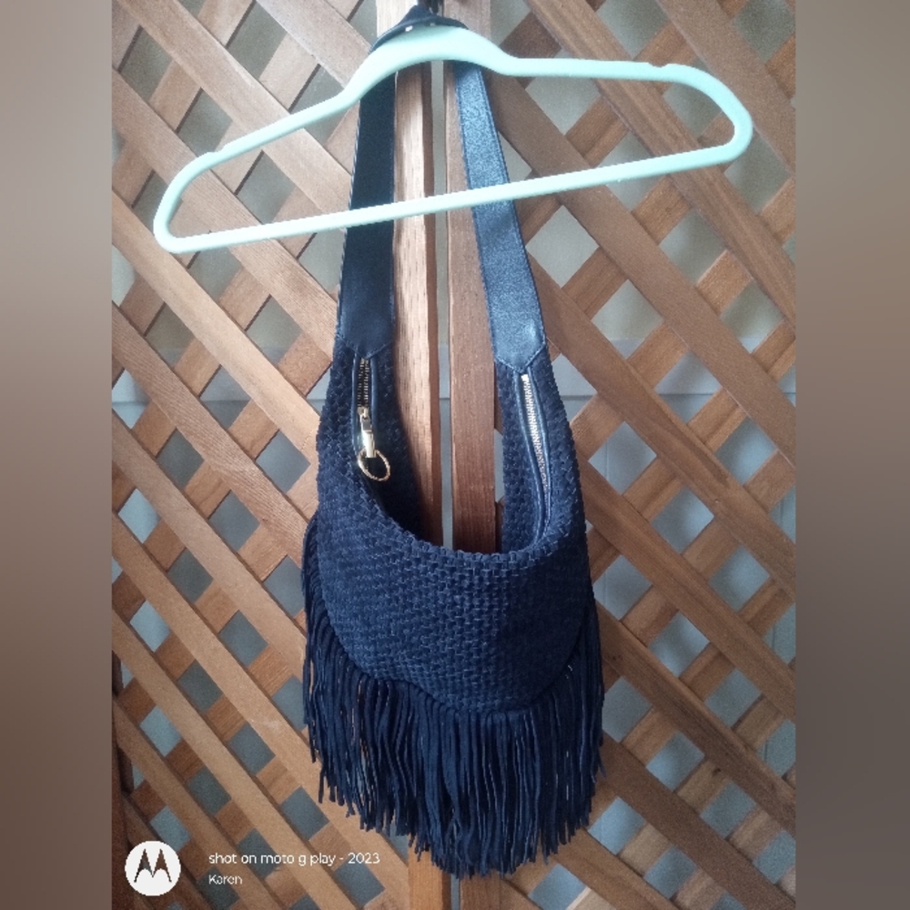 SOLD  Elizabeth James navy blue braided suede shoulder bag with fringe